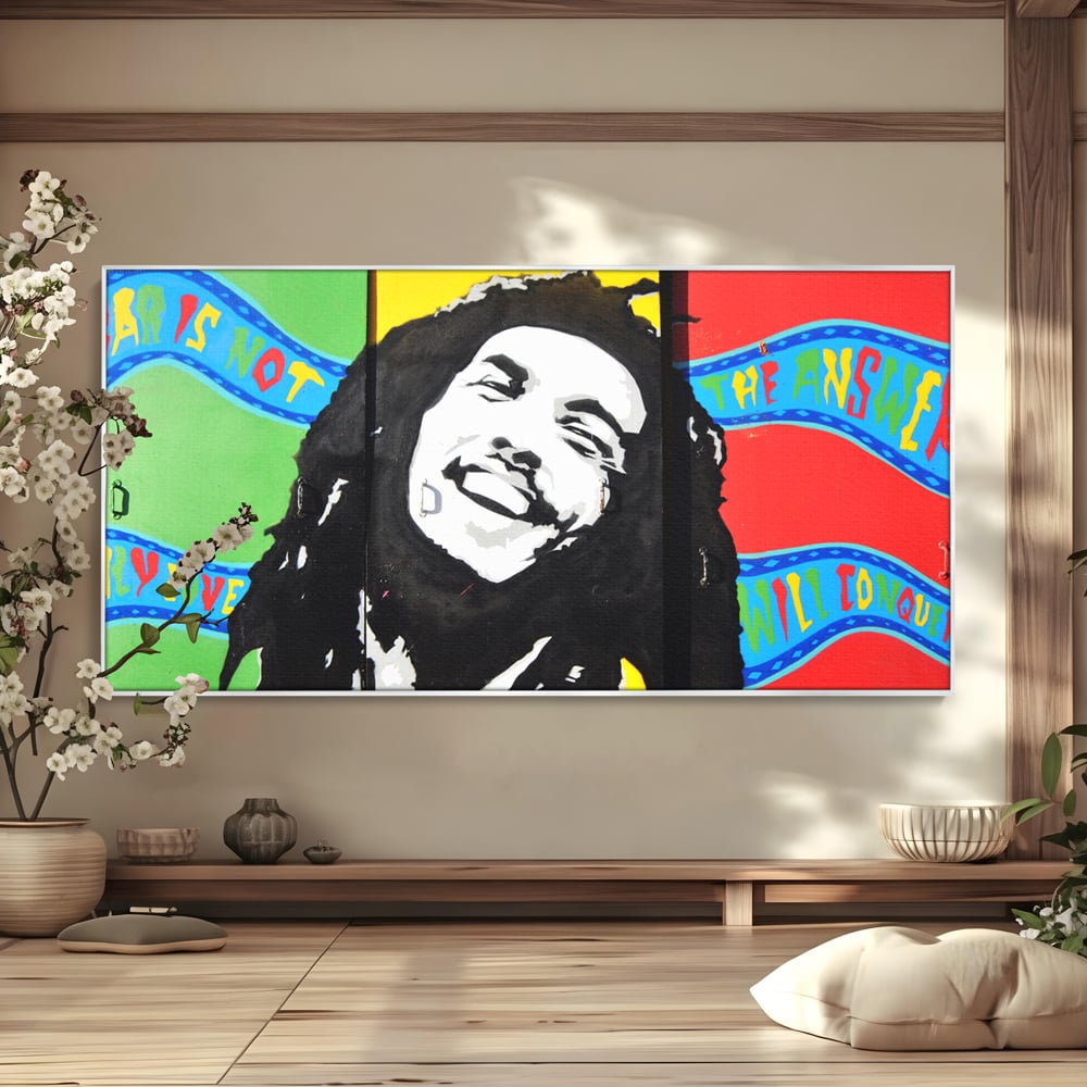 Tablou canvas cu tablou pictat cu portretul lui bob marley, in rama de aluminiu argintiu